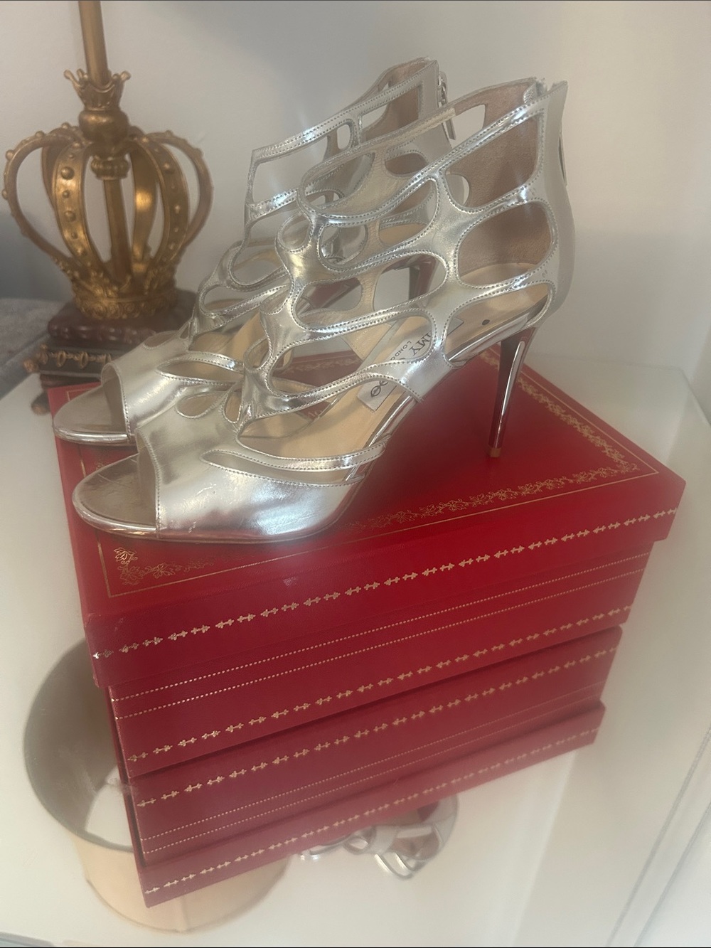 Jimmy Choo Metallic Silver Cutout Stiletto Sandals